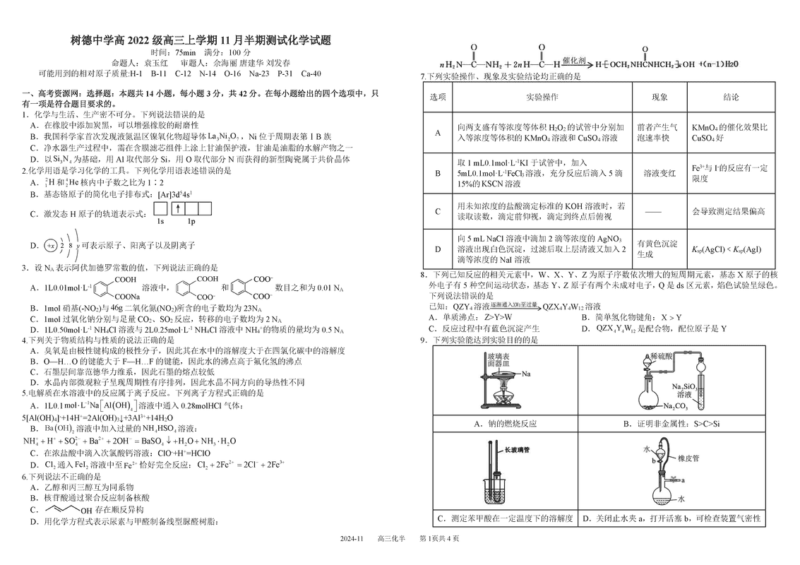 四川树德中学2025届高三上11月半期化学试卷及参考答案