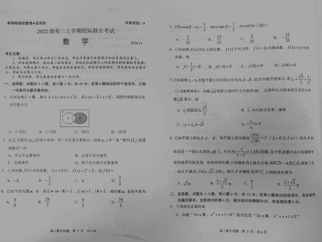 山东日照2025届高三上学期11月期中校际联考数学试卷及参考答案