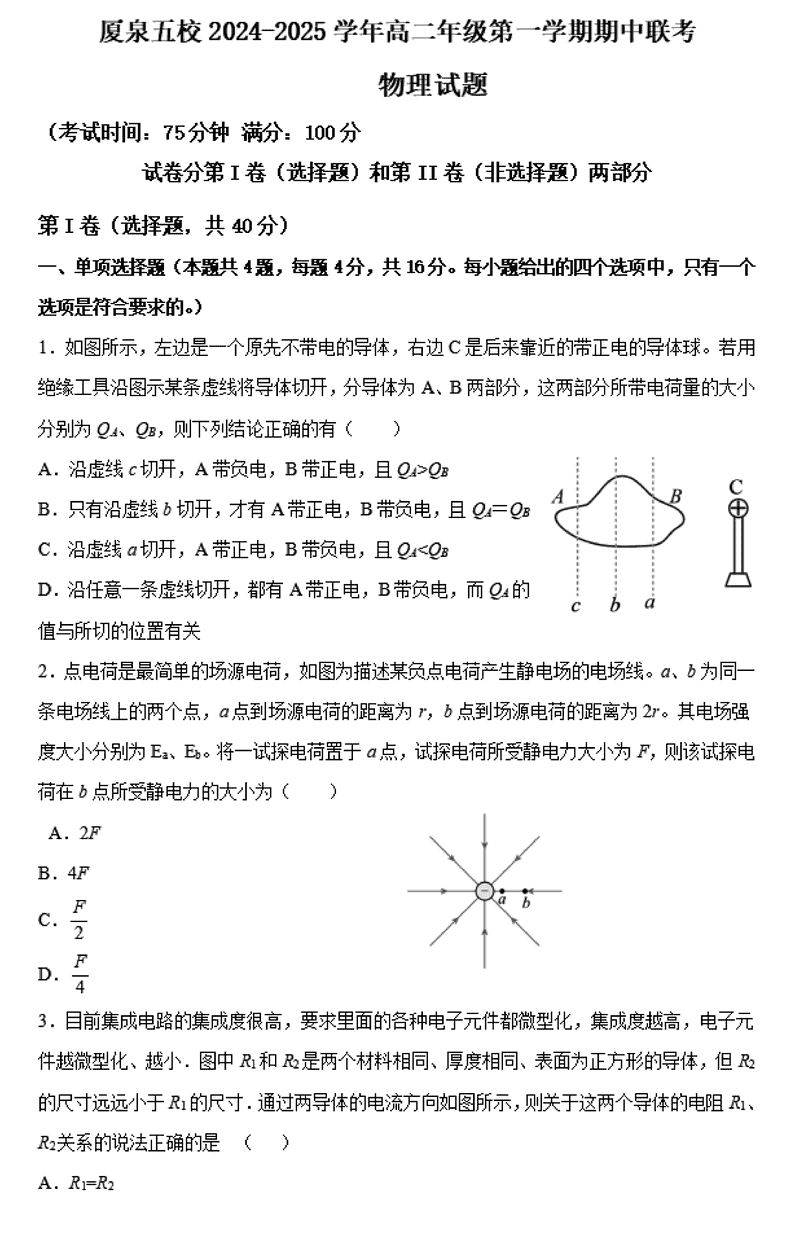 厦泉五校2024年11月高二上学期期中联考物理试卷及参考答案