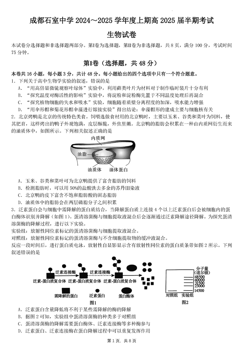 成都石室中学2025届高三11月期中生物试卷及参考答案