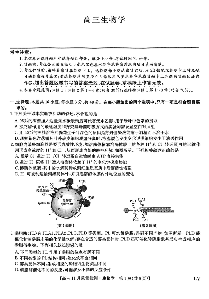 九师联盟2025届高三上学期11月联考生物试卷及参考答案