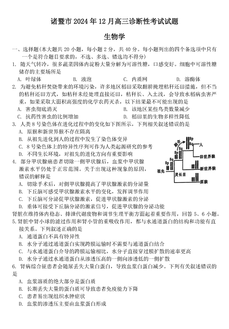 诸暨一模2025届高三上学期12月诊断生物试卷及参考答案