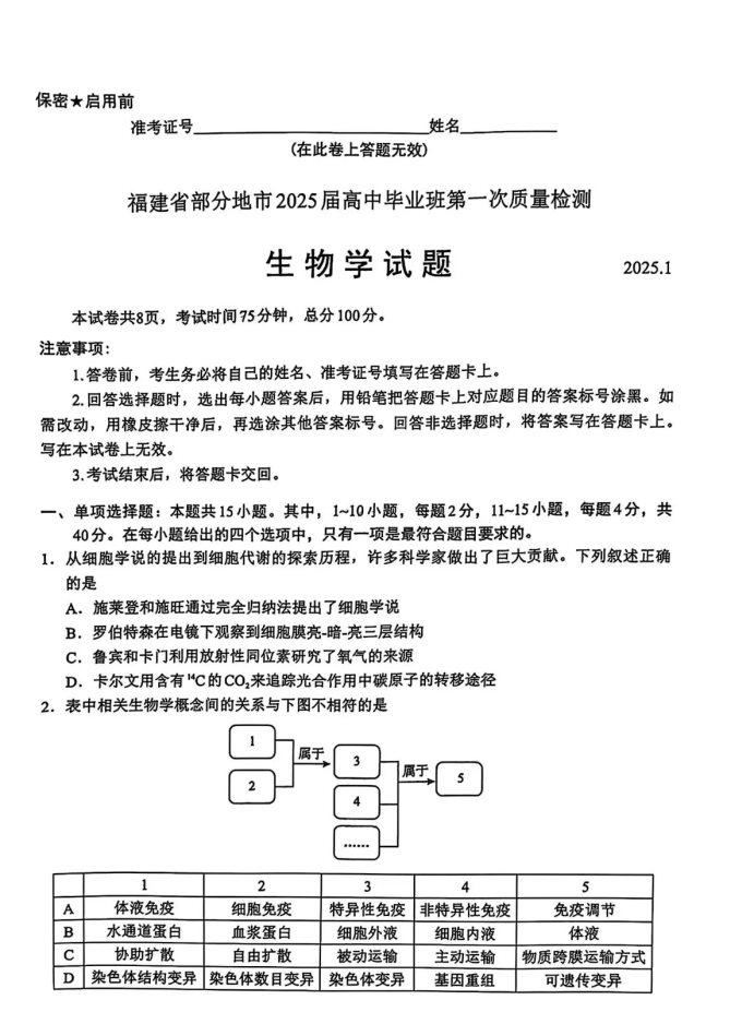 福建2025届六市联考第一次质量检测生物试题及答案解析