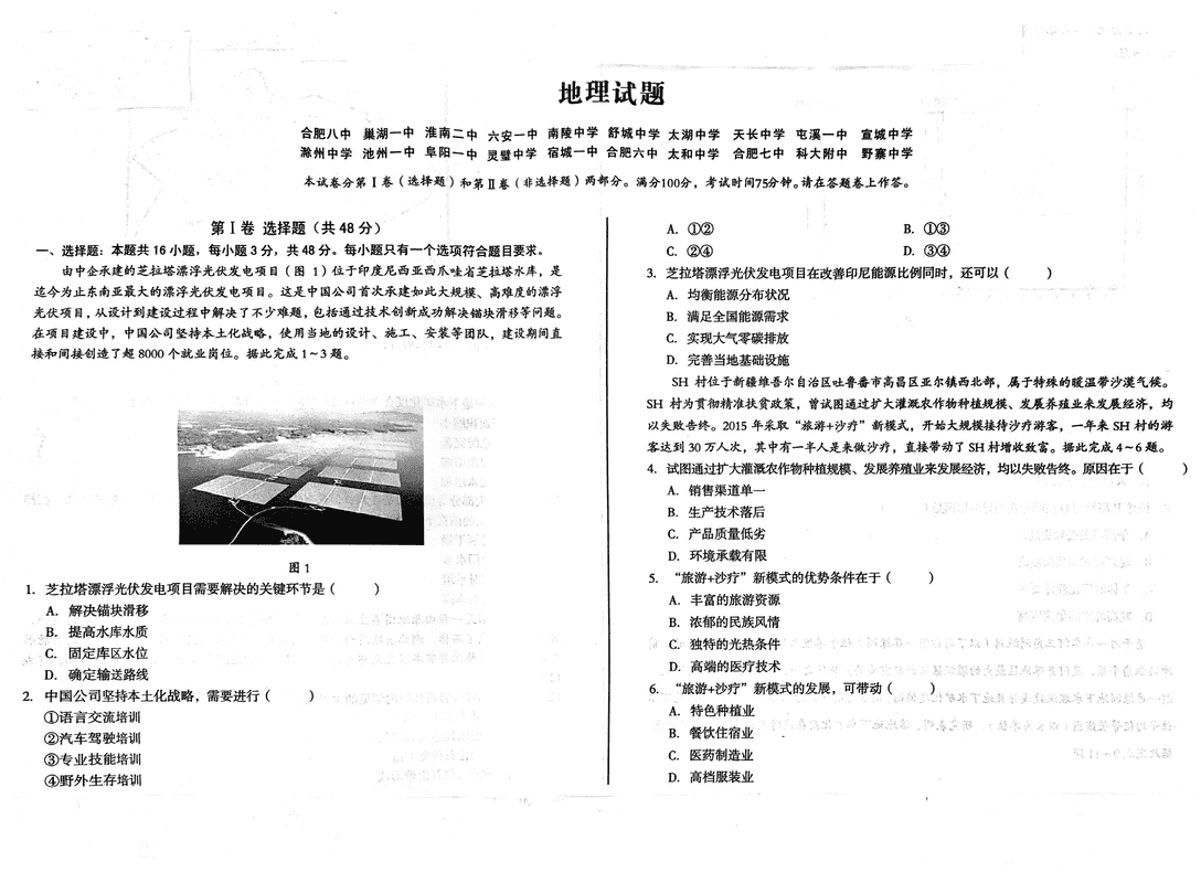 安徽省A10联盟2025届高三下学期开年考地理试卷及参考答案