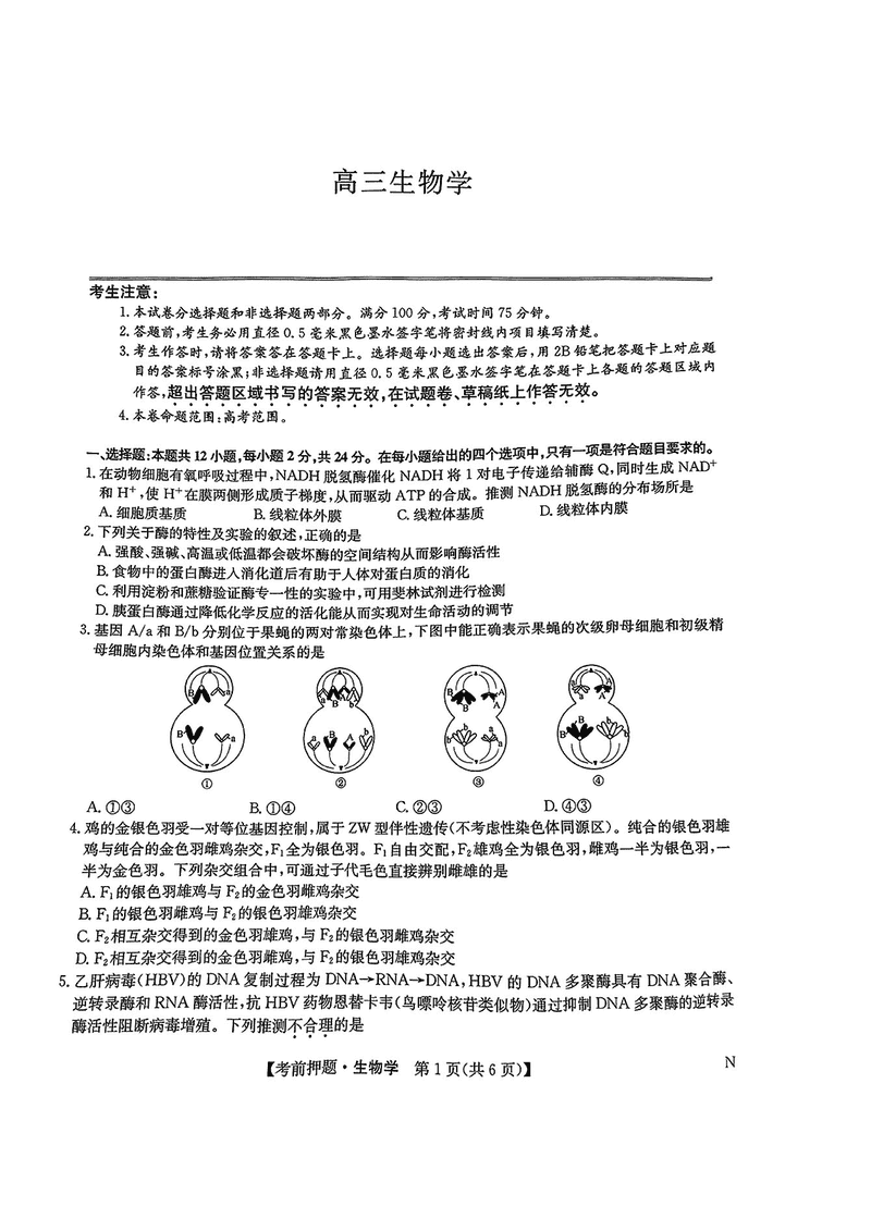 九师联盟2025届高三5月考前押题联考生物试卷及参考答案