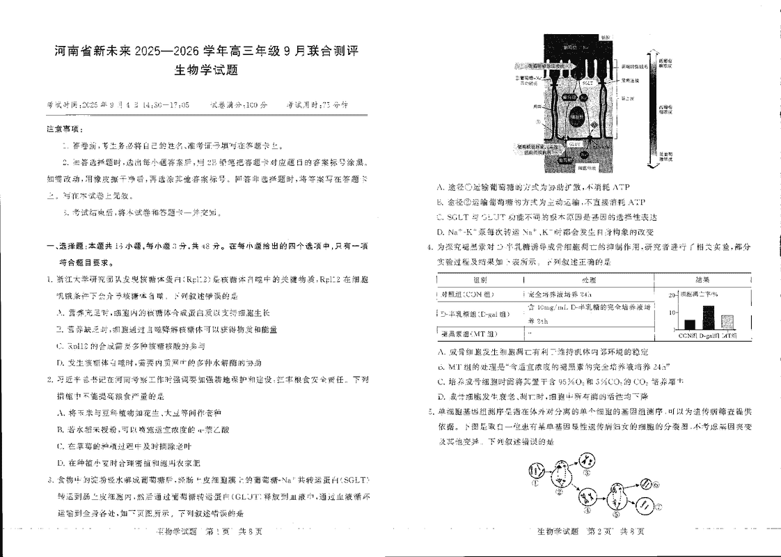河南新未来2025-2026学年高三上9月联合测评生物试卷及参考答案
